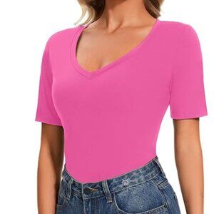 NWT! Bright Pink Short Sleeve Athletic Top with V-Neckline and Flared Hem - Med